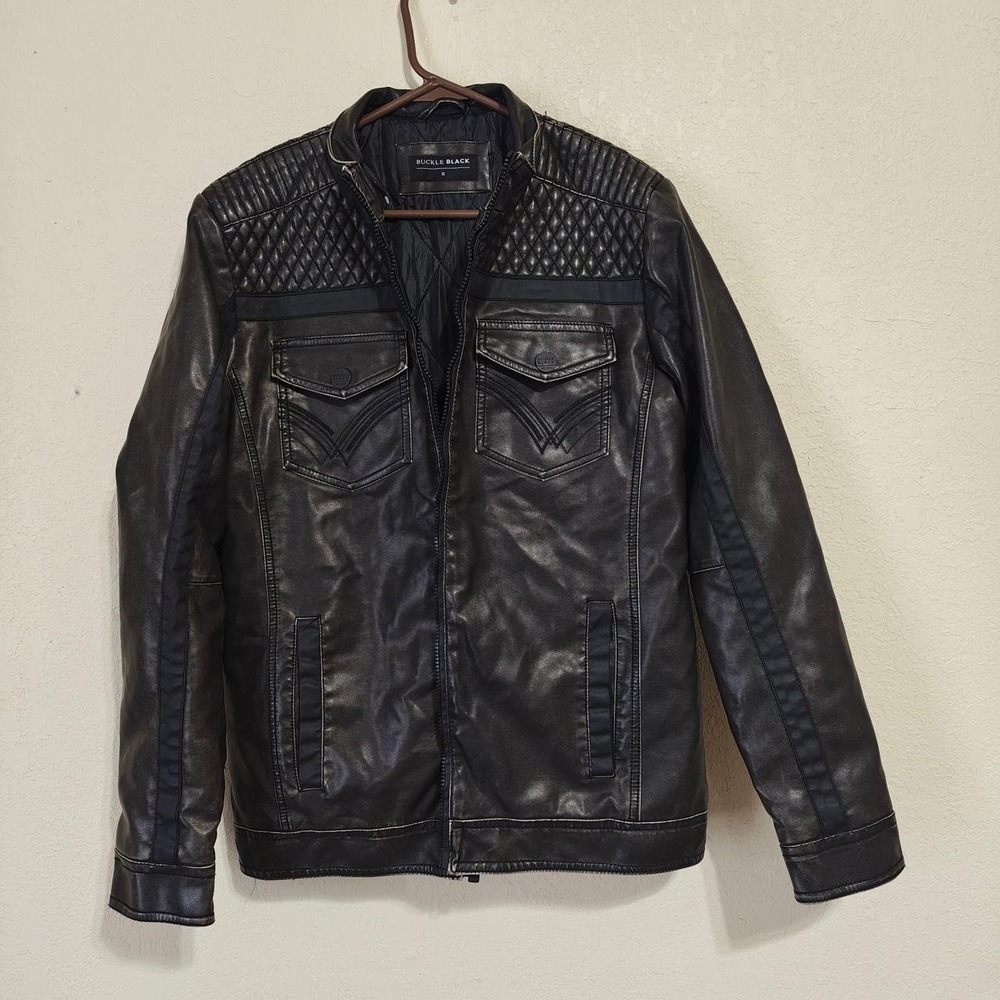 Buckle Black Leather Biker Jacket Mens Small Quilted Moto Cafe Racer Black Navy